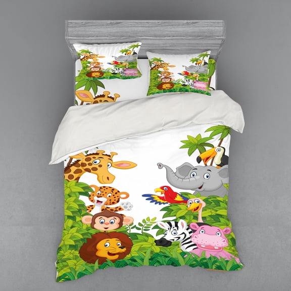 Ambesonne Cartoon Bedding Set 4 Pcs, Zoo Mascots, Queen, Multicolor