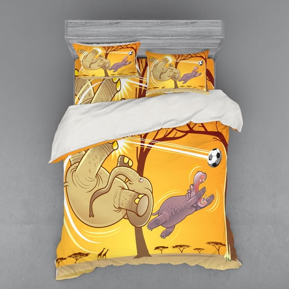 Ambesonne Cartoon Bedding Set 4 Pcs, and Hippo Ball, Queen, Orange Umber Purple
