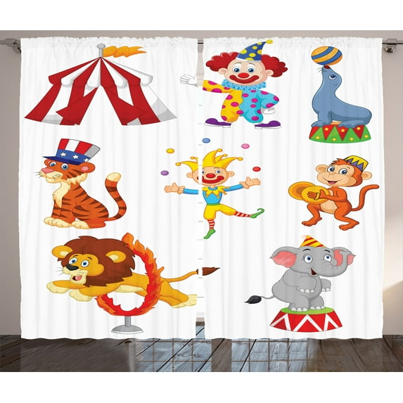 Ambesonne Cartoon Curtains 2 Panel Set, Circus Wild Animals, 108" x 90", Multicolor