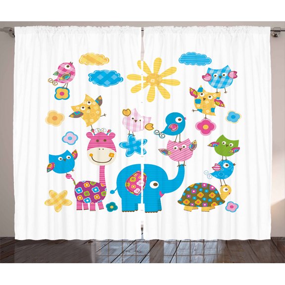 Ambesonne Cartoon Curtains 2 Panel Set, Dancing Characters, 108" x 96", Sky Blue Pink Marigold