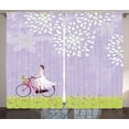 thumbnail image 1 of Ambesonne Cartoon Curtains 2 Panel Set, Girl Riding Bike Windy, 108" x 96", Apple Green Lavender, 1 of 3