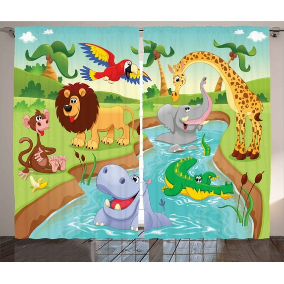 Ambesonne Cartoon Curtains 2 Panel Set, Savannah Animals Colorful, 108" x 63", Multicolor