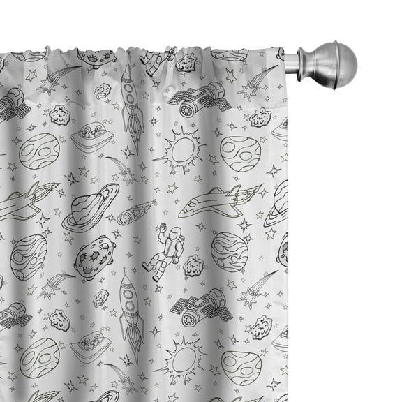 Ambesonne Cartoon Curtains, Doodle Solar System Space, Pair of 28"x63", White Black