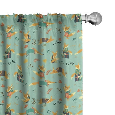 Ambesonne Cartoon Curtains, Foxes with Glasses, Pair of 28"x84", Pale Green Orange