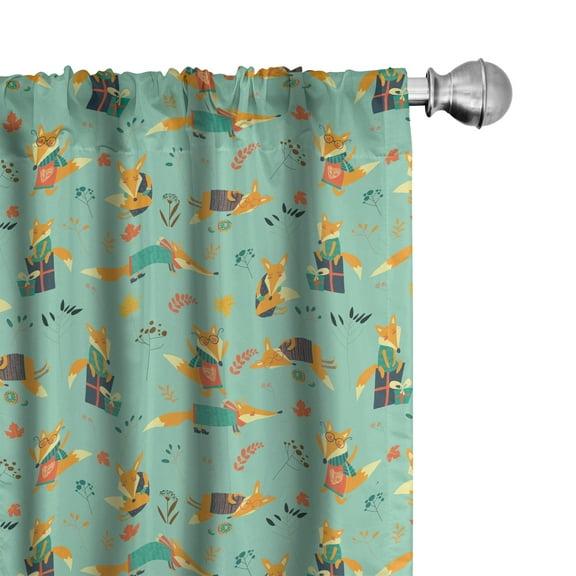 Ambesonne Cartoon Curtains, Foxes with Glasses, Pair of 28"x95", Pale Green Orange