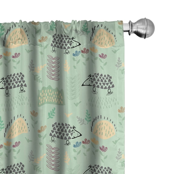 Ambesonne Cartoon Curtains, Hedgehog Forest Herbs Art, Pair of 28"x84", Mint Green Grey Peach