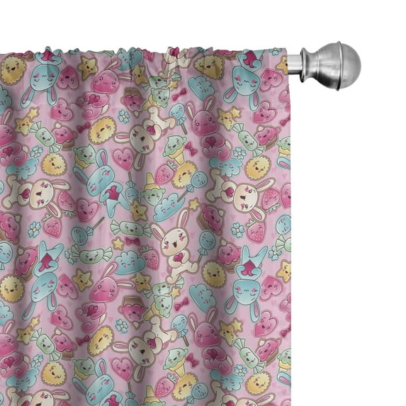 Ambesonne Cartoon Curtains, Kawaii Bunnies and Candy, Pair of 28"x95", Turquoise Mustard Pink