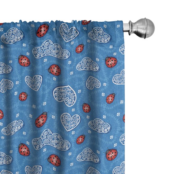 Ambesonne Cartoon Curtains, Ladybugs Hearts Clouds, Pair of 28"x63", Blue Red