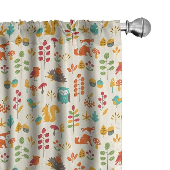 Ambesonne Cartoon Curtains, Owl Fox Squirrel Birds, Pair of 28"x95", Multicolor