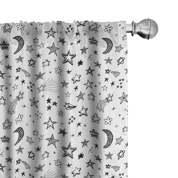 Ambesonne Cartoon Curtains, Stars and Crescent Moon, Pair of 28"x84", Black White