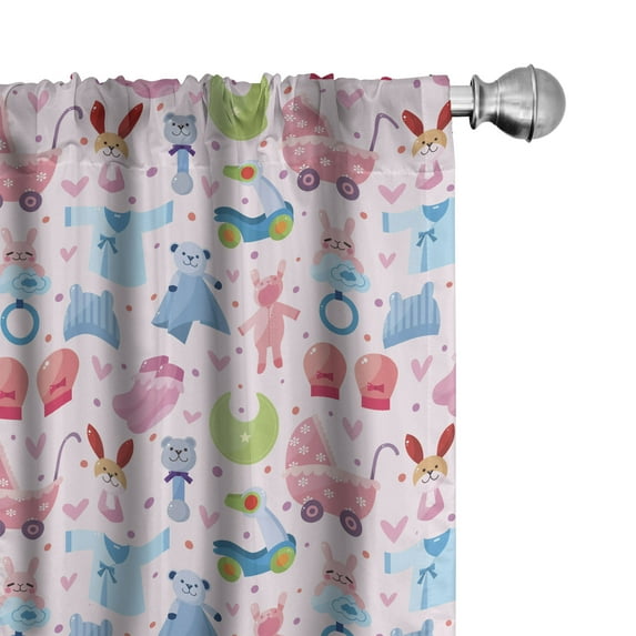 Ambesonne Cartoon Curtains, Teddy Bear and Bunny Art, Pair of 28"x84", Pale Pink Blue Rose