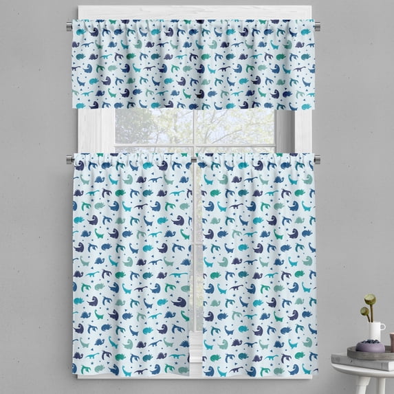 Ambesonne Cartoon Dino Valance & Curtain, Blue Tones Dinosaurs, 55"x45", Pale Blue Multicolor