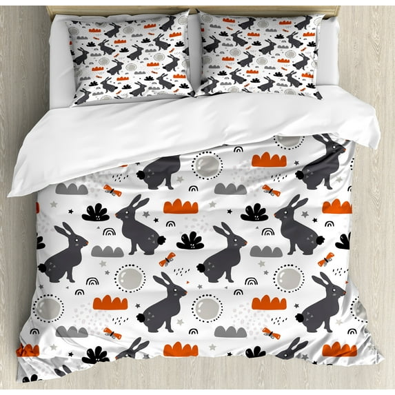 Ambesonne Cartoon Duvet Cover Set, Bunnies in Forest Doodle, 2-Calking, Burnt Orange Grey and White