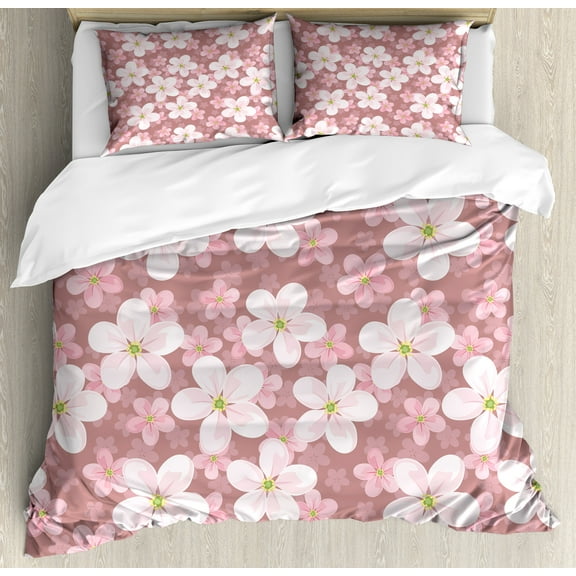 Ambesonne Cartoon Duvet Cover Set, Cherry Blossoms Petal, Calking, Dried Rose White Green