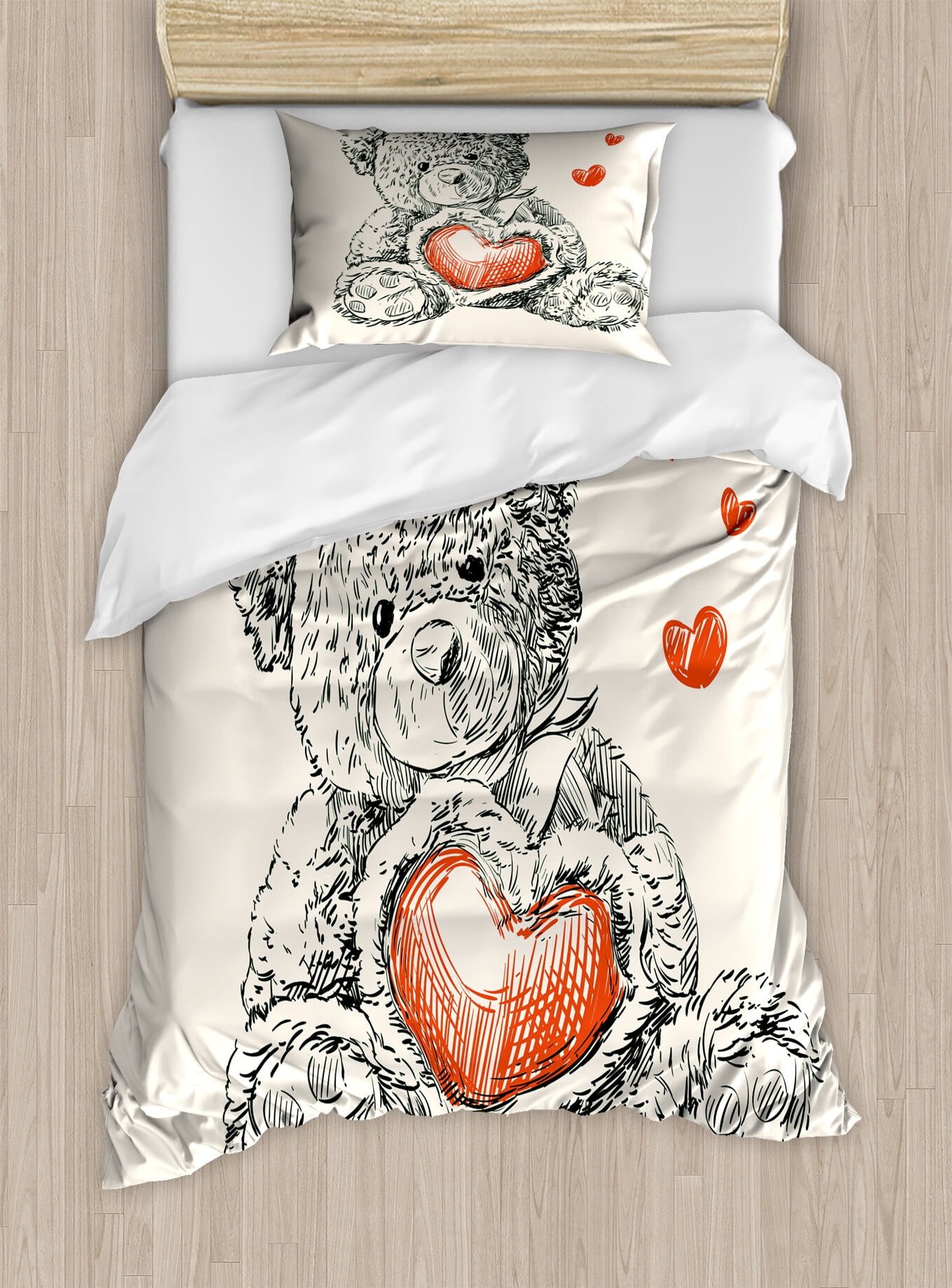 Ambesonne Cartoon Duvet Cover Set Detailed Teddy Bear Twin Red Black White