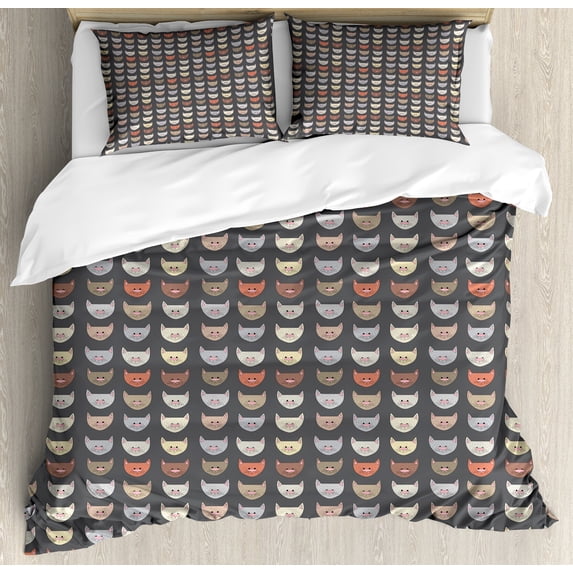 Ambesonne Cartoon Duvet Cover Set, Doodle Cat Lover Pattern, 2-Calking, Grey and Multicolor