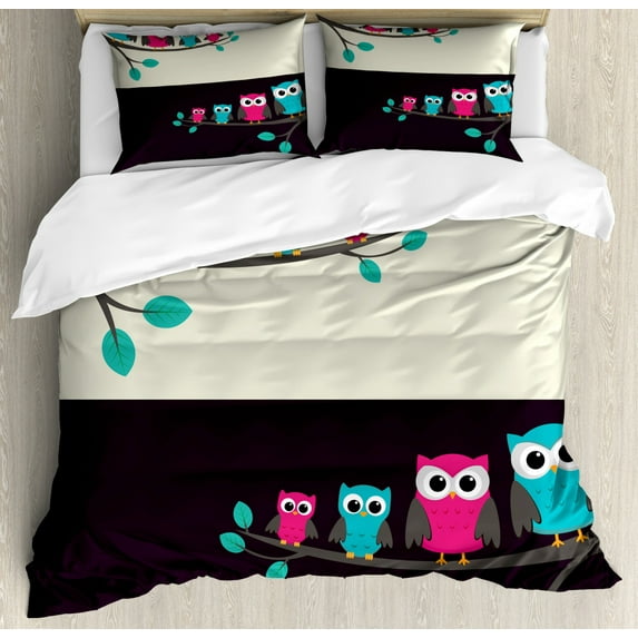 Ambesonne Cartoon Duvet Cover Set, Family of Owls, Queen, Multicolor