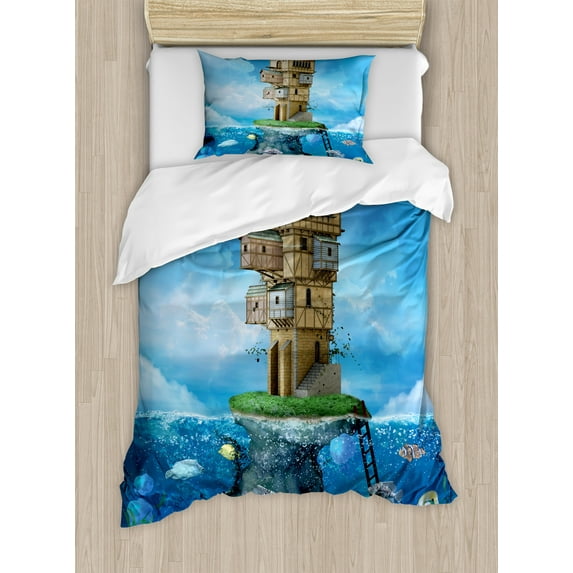Ambesonne Cartoon Duvet Cover Set, Fantasy Fisherman House, Twin, Blue Brown Green