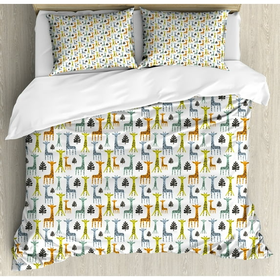 Ambesonne Cartoon Duvet Cover Set, Giraffes and Branches, Queen, Lime Green and Turquoise