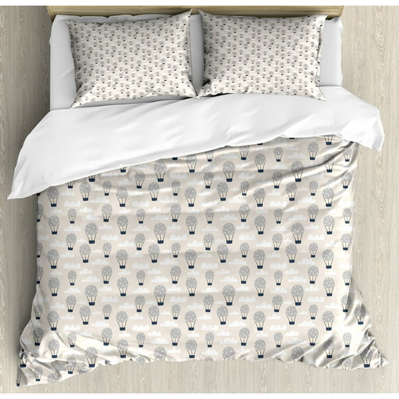 Ambesonne Cartoon Duvet Cover Set, Hot Air Balloons Art, 2-Calking, Pale Grey Champagne
