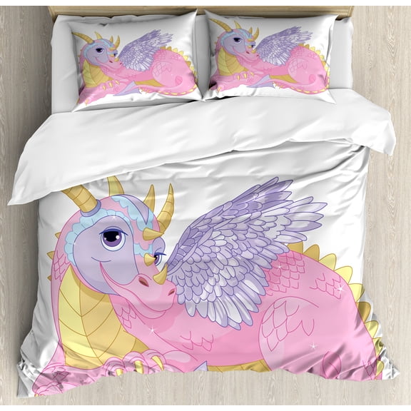 Ambesonne Cartoon Duvet Cover Set, Lady Dragon Posing, 2-Calking, Pale Pink Lavender