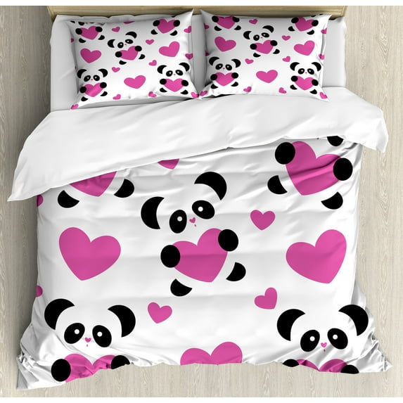 Ambesonne Cartoon Duvet Cover Set, Love Pandas Hearts, 2-Calking, Fuchsia Black White