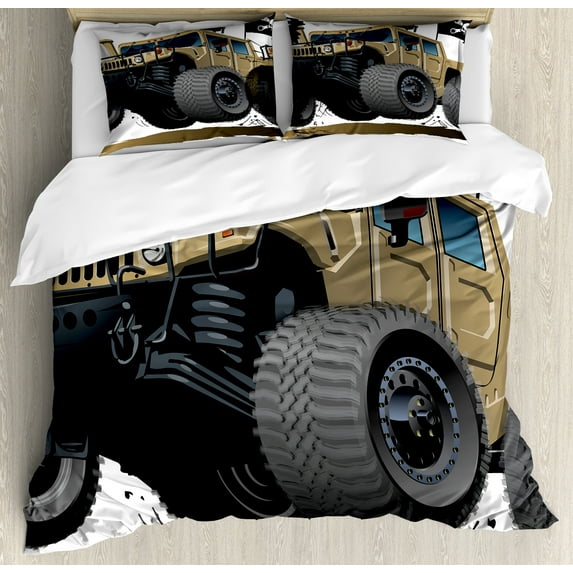 Ambesonne Cartoon Duvet Cover Set, Off Road Savannah Truck, 2-Calking, Brown and Grey