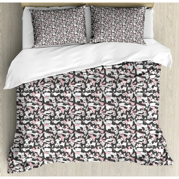 Ambesonne Cartoon Duvet Cover Set, Panda Bears Family, 2-Calking, Dark Blue Grey White
