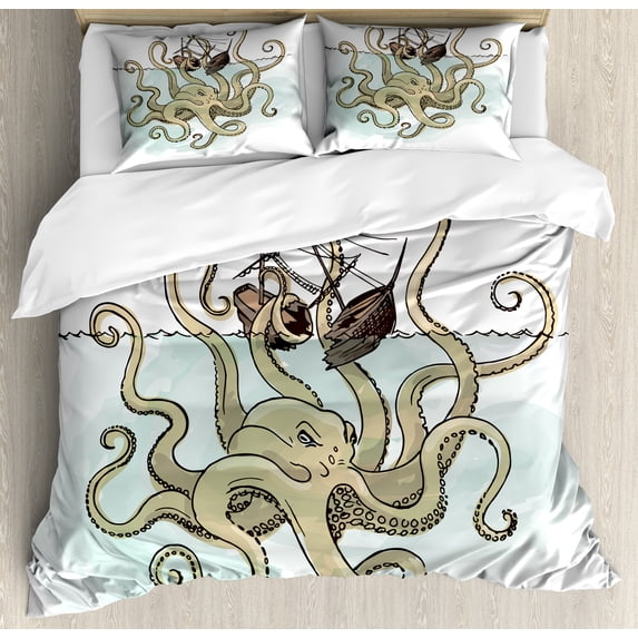 Ambesonne Cartoon Duvet Cover Set, Pirate Ship Greek Myth, Queen, Tan Pale Green