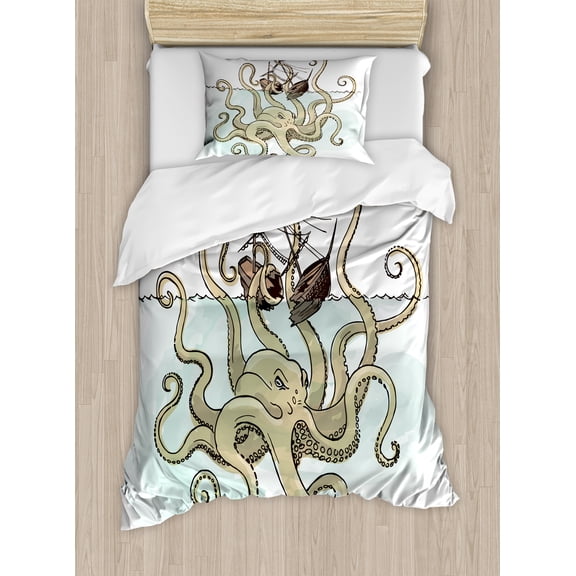 Ambesonne Cartoon Duvet Cover Set, Pirate Ship Greek Myth, Twin, Tan Pale Green