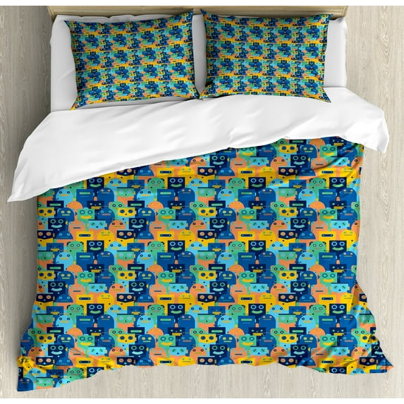 Ambesonne Cartoon Duvet Cover Set, Space Fiction Robots Art, 2-Calking, Multicolor