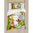 thumbnail image 1 of Ambesonne Cartoon Duvet Cover Set, Style Zoo Animals Savannah Jungle Mascots Tropical Forest Wildlife Pattern, Decorative 2 Piece Bedding Set with 1 Pillow Sham, Twin Size, Green White Twin Green White, 1 of 7