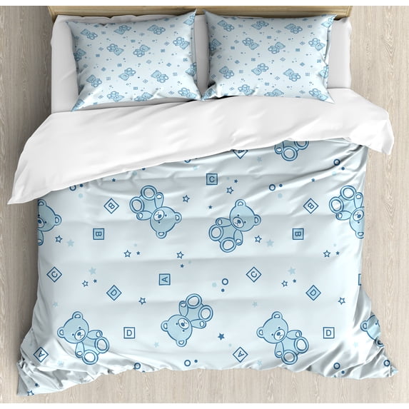 Ambesonne Cartoon Duvet Cover Set, Teddy Bear Letters, 2-Calking, Pale Blue Aqua