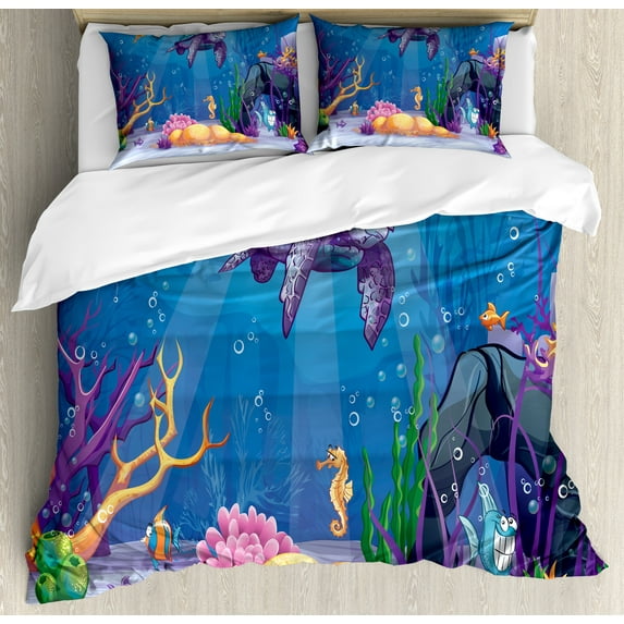 Ambesonne Cartoon Duvet Cover Set, Underwater World, 2-Calking, Purple Orange Aqua