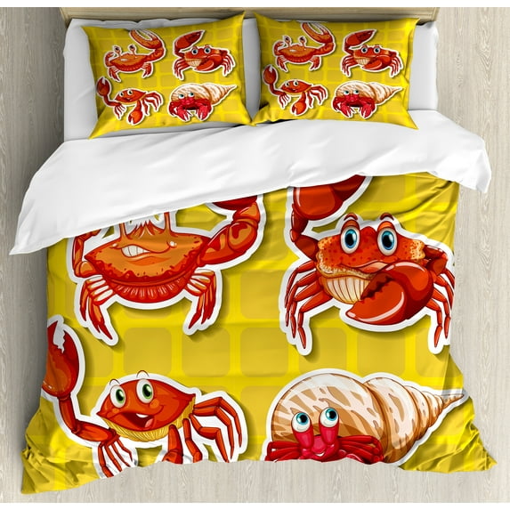 Ambesonne Cartoon Duvet Cover Sets, 4 Different Crabs, 2-King, Earth Yellow and Orange