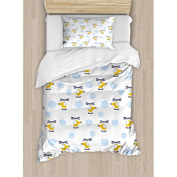 Ambesonne Cartoon Duvet Cover Sets, Aircraft in Clouds, 2-Twin, Yellow Blue