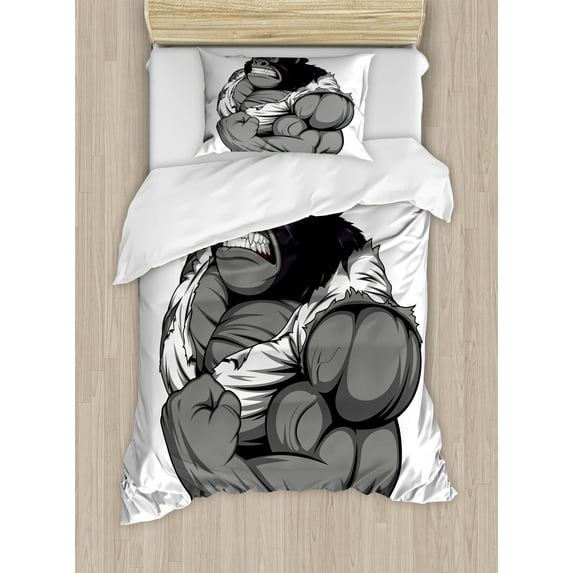 Ambesonne Cartoon Duvet Cover Sets, Animal Athlete Gorilla, 2-Twin, Black White Grey