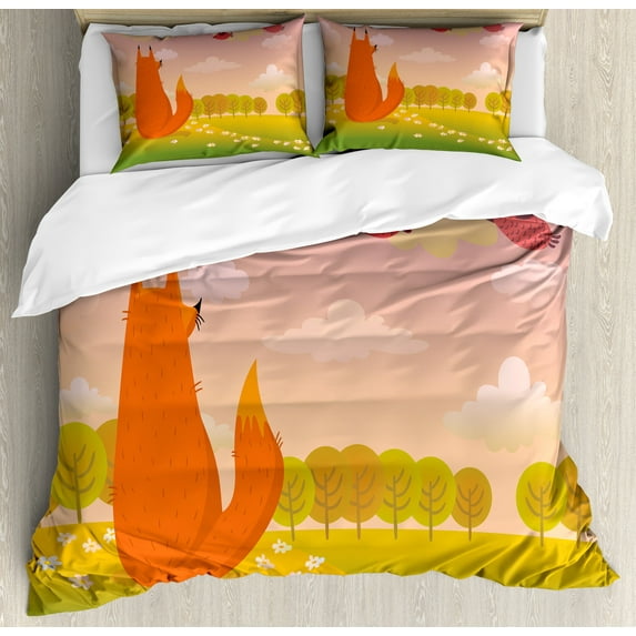 Ambesonne Cartoon Duvet Cover Sets, Animal Fox Wildlife, 2-King, Orange Lilac Green