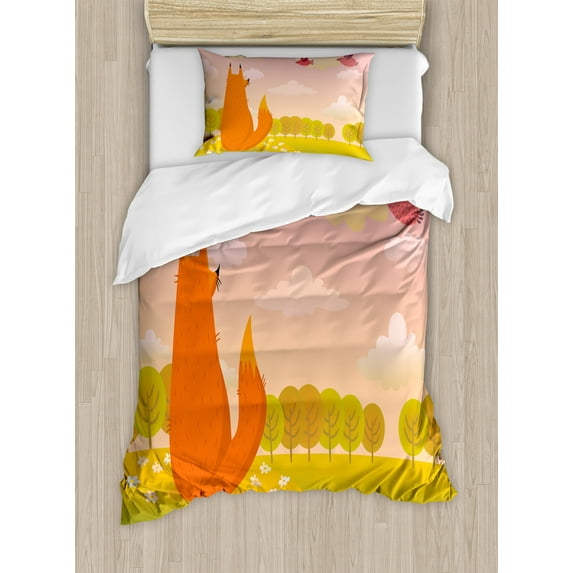Ambesonne Cartoon Duvet Cover Sets, Animal Fox Wildlife, 2-Twin, Orange Lilac Green