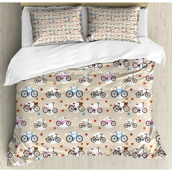 Ambesonne Cartoon Duvet Cover Sets, Bike Heart and Dots, 2-King, Beige and White