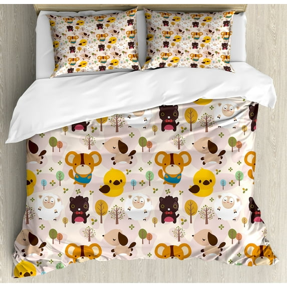 Ambesonne Cartoon Duvet Cover Sets, Caricatures Jungle, 2-Queen, Multicolor