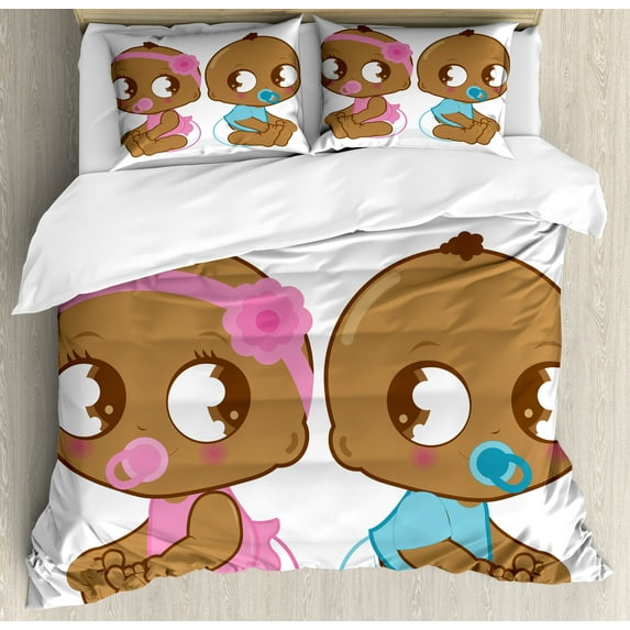 Ambesonne Cartoon Duvet Cover Sets, Cartoon Characters Diapers, 2-King, Pale Brown Sky Blue