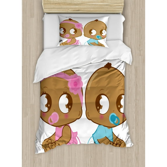 Ambesonne Cartoon Duvet Cover Sets, Cartoon Characters Diapers, 2-Twin, Pale Brown Sky Blue