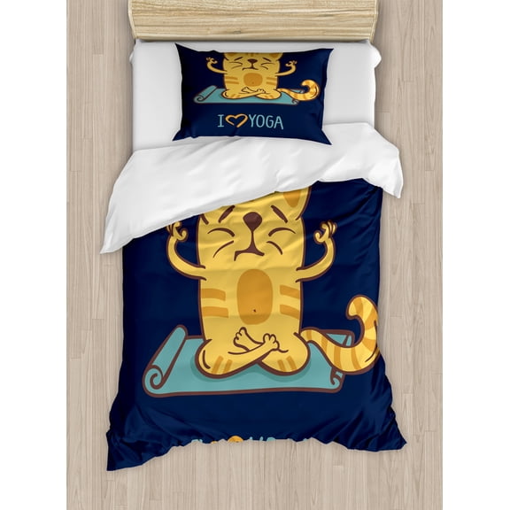 Ambesonne Cartoon Duvet Cover Sets, Cat Lotus Position, 2-Twin, Pale Blue Dark Blue
