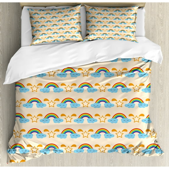 Ambesonne Cartoon Duvet Cover Sets, Clouds and Eyes Smiling, 2-Queen, Champagne and Multicolor