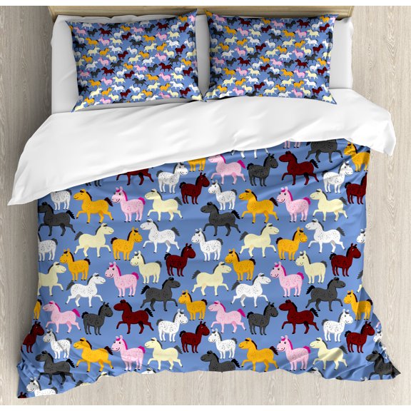 Ambesonne Cartoon Duvet Cover Sets, Colorful Horses at Zoo, 2-Queen, Ceil Blue Multicolor