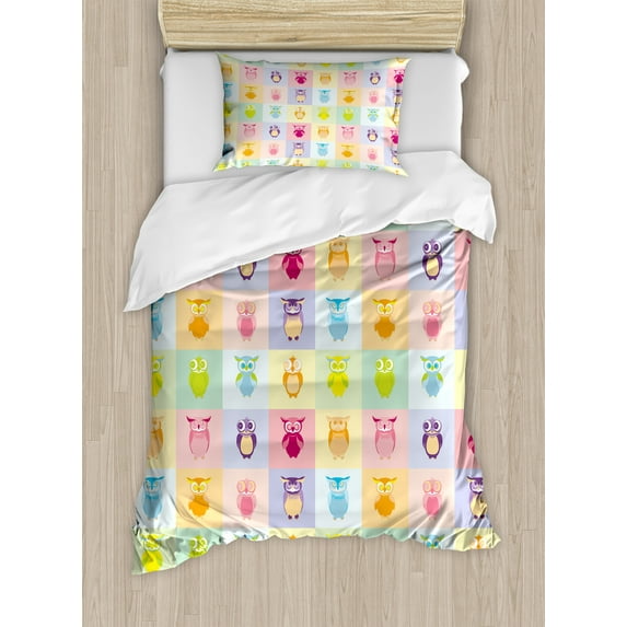 Ambesonne Cartoon Duvet Cover Sets, Colorful Owl, 2-Twin, Purple Yellow and Pink