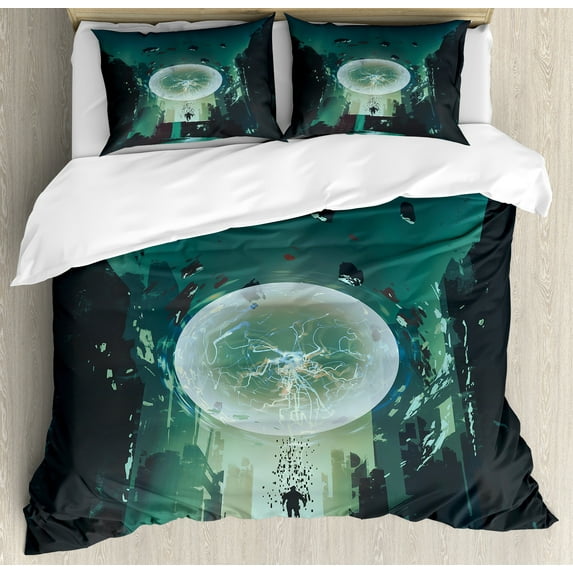 Ambesonne Cartoon Duvet Cover Sets, Dark Magic Fiction City, 2-Queen, Teal Black