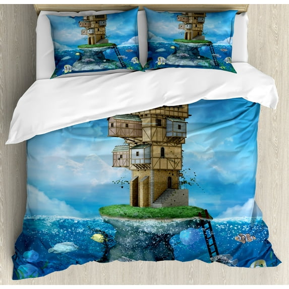 Ambesonne Cartoon Duvet Cover Sets, Fantasy Fisherman House, 2-Queen, Blue Brown Green