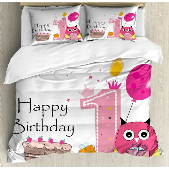Ambesonne Cartoon Duvet Cover Sets, First Birthday Cake, 2-Queen, Brown Hot Pink and Pink